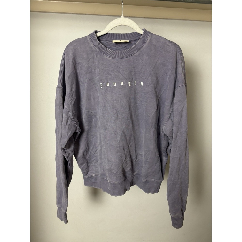 Youngla Mens Purple Graphic Logo Print Crewneck Pullover Sweatshirt S